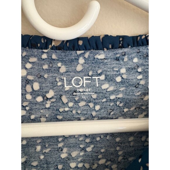 LOFT Blue Confetti Dot Long Sleeve Split Neck Smocked Casual Blouse Size XL - Picture 4 of 12